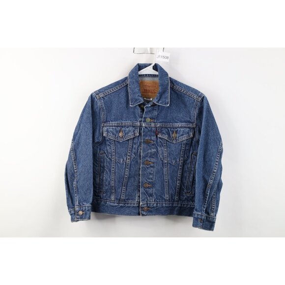 Vintage 90s Levis Boys Size Small Distressed Denim Jean Trucker Jacket Blue USA